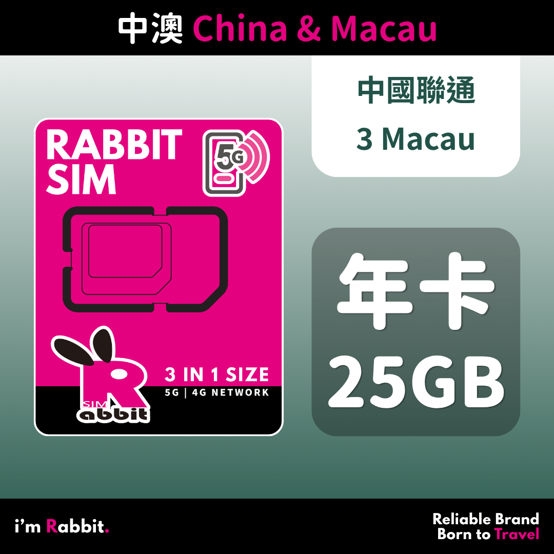 China & Macau 365-Day 25GB High-Speed Data #China Unicom & 3 Macau