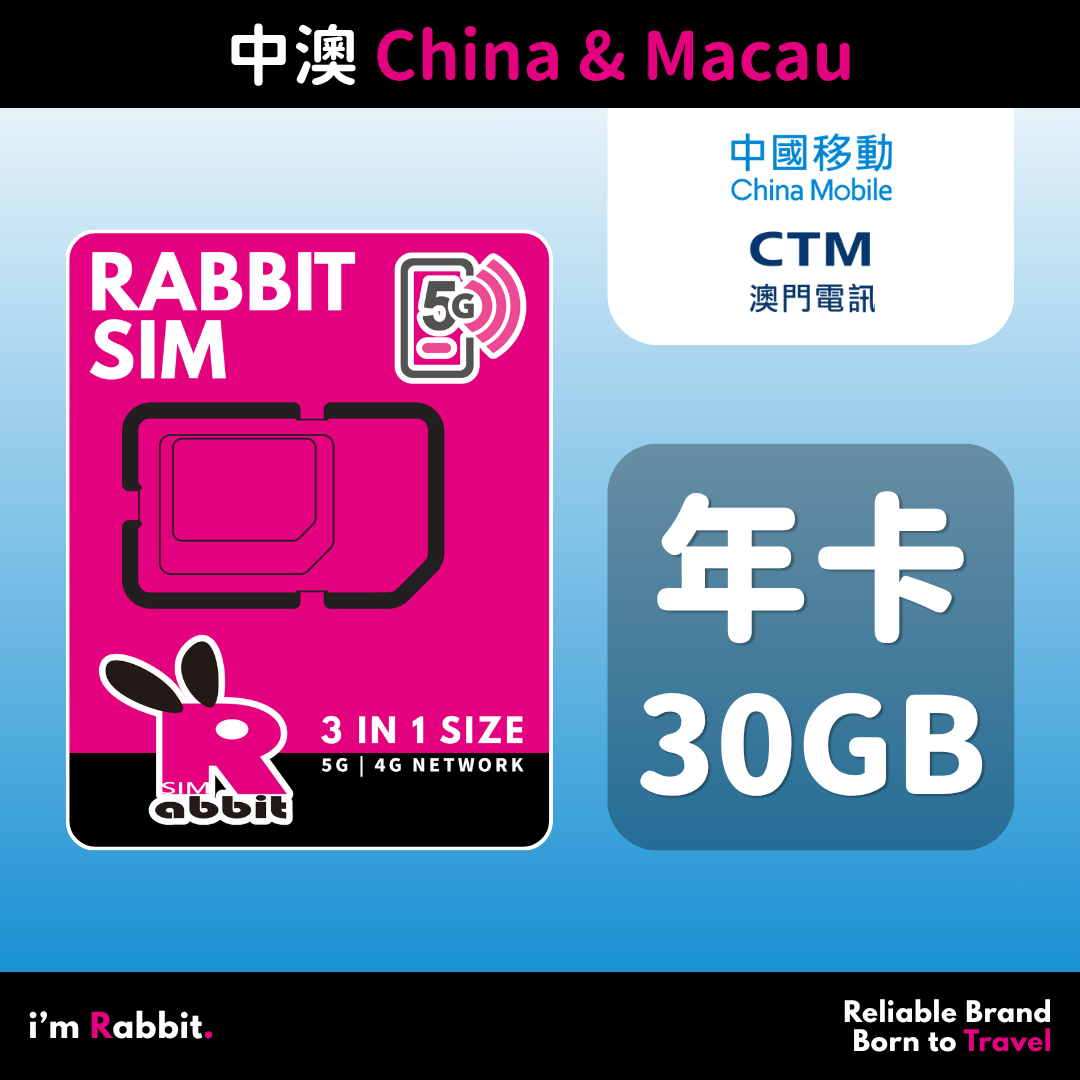 China & Macau 365-Day 30GB High-Speed Data #China Mobile & CTM