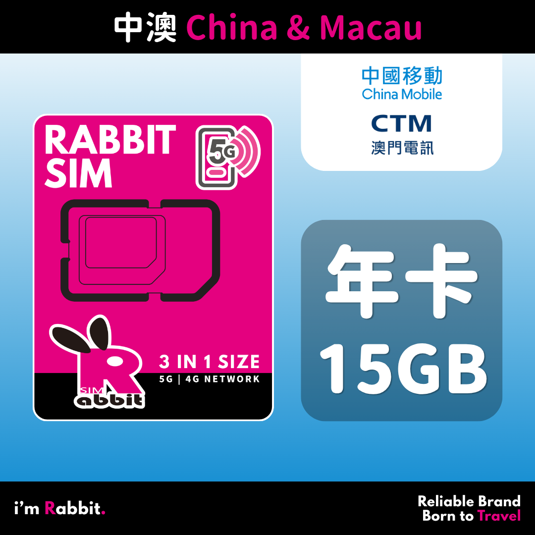 China & Macau 365 Days 15GB Unlimited Data #China Mobile & CTM
